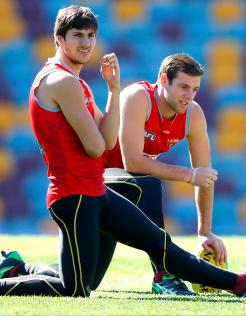 AFL 2013 Training - Brisbane 020813 A tale of two Sams. Sam Mayes has stuck with the Lions while Sam Docherty (right) is now at Carlton - ${keywords}